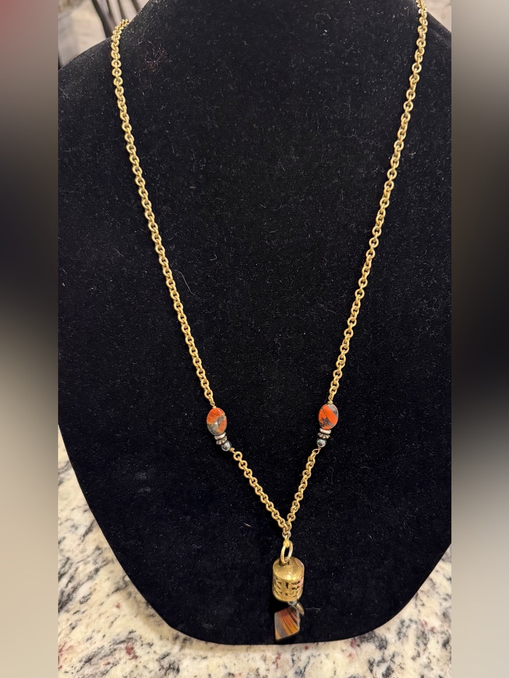 Stonz Gold-Tone Necklace with Orange Bead Accents and Pendant